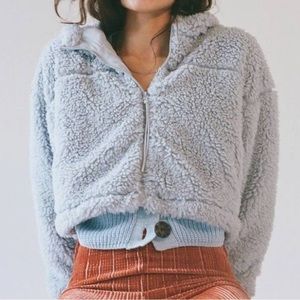 BDG by Urban Outfitters Hooded Cropped Teddy Jacket in Light Blue